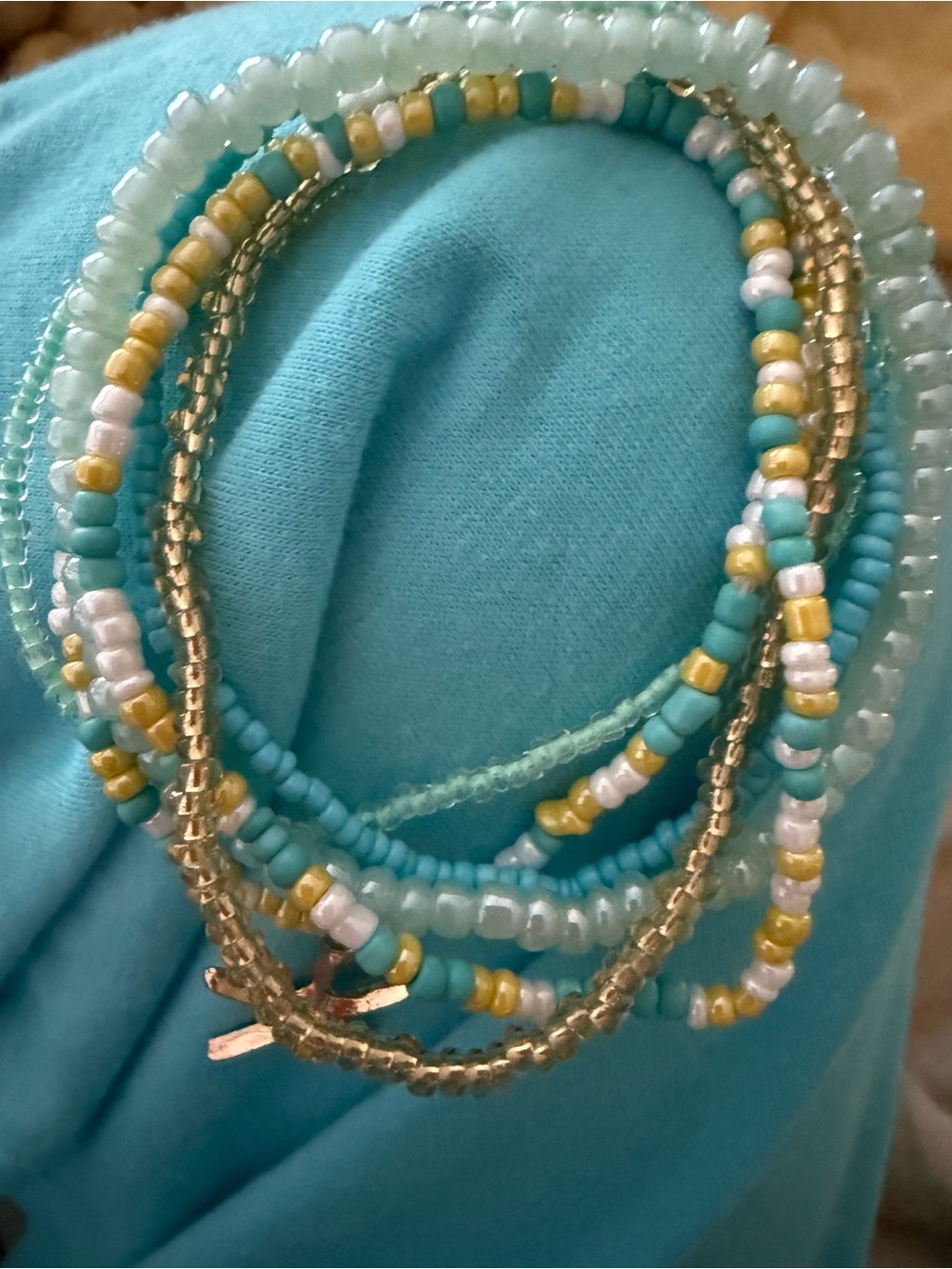 Source Unknown Turquoise, Gold & White Beaded Wrap Bracelet